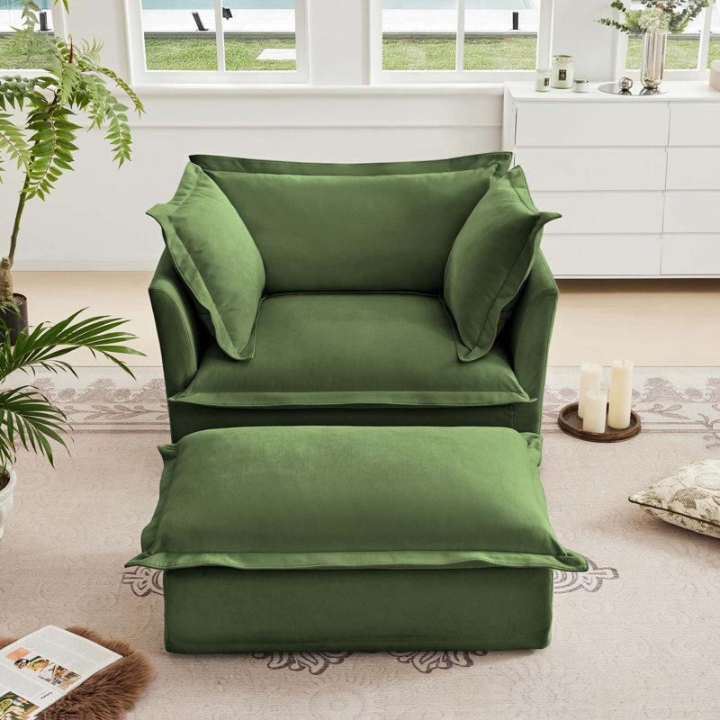 Fauteuil rembourré avec housse avec repose-pieds, Chenille verte