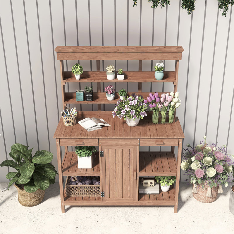 Poste de travail de table avec 2 tiroirs, armoire et tablettes ouvertes, Naturel