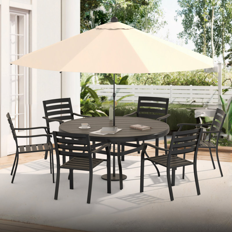 Outdoor Round Patio Dining Table For 4-6, All Weather Metal Dining Table With Umbrella Hole For Deck Lawn Garden Backyard
