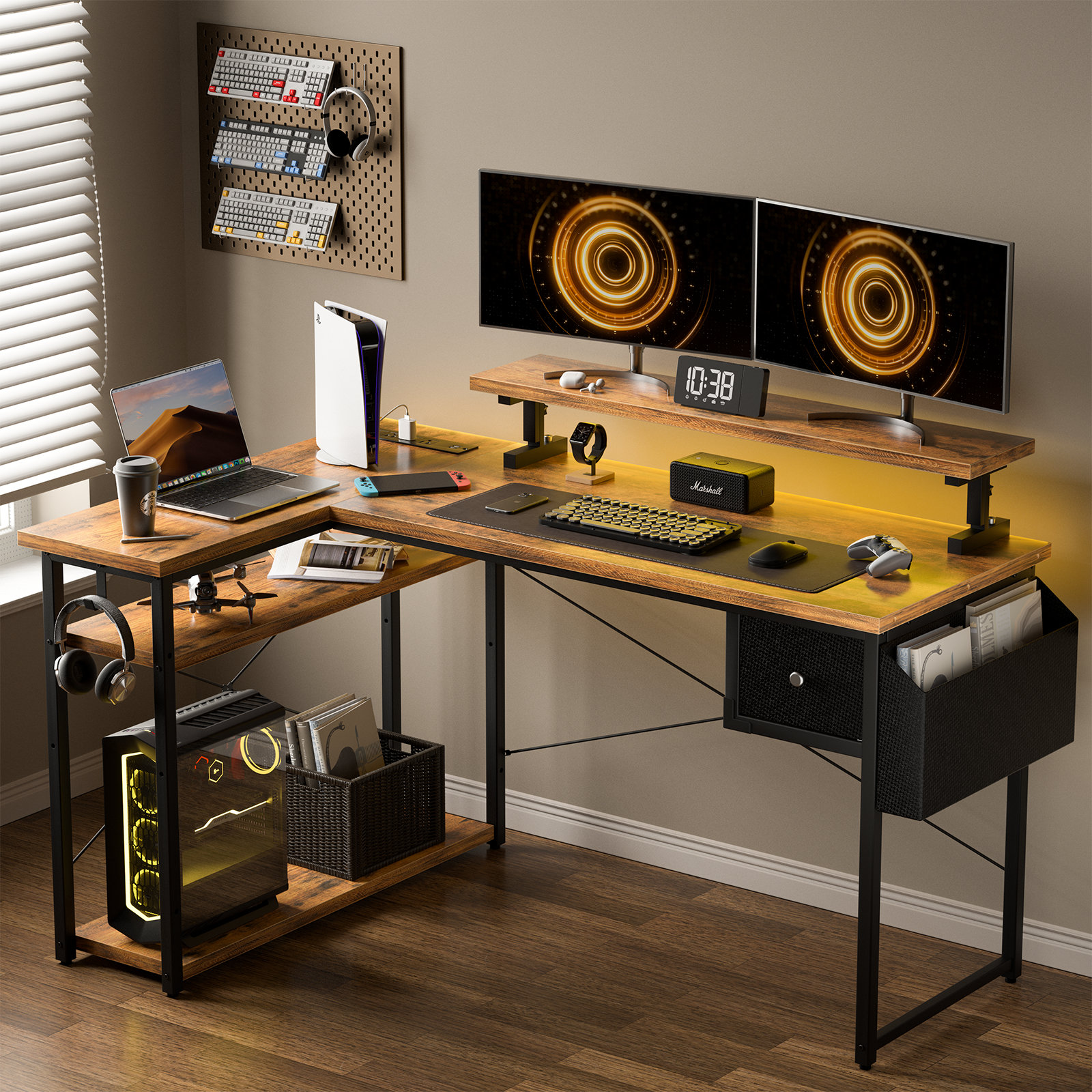 Inbox Zero L-Shaped Gaming Desk With Adjustable Stand, RGB Lighting ...