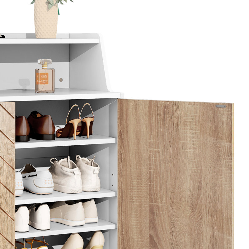  Armoire de rangement à chaussures à 5 niveaux avec portes et tablettes ouvertes, Blanc