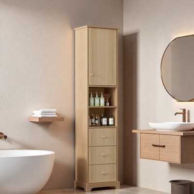 Tall Freestanding Bathroom Cabinet With Adjustable Shelf, 3 Drawers, Open Storage And Gold Metal Handles
