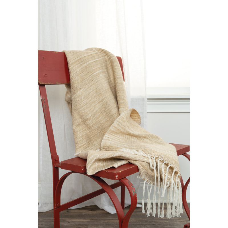 Tan and Beige Reversible Knitted Throw Blanket with Tassels
