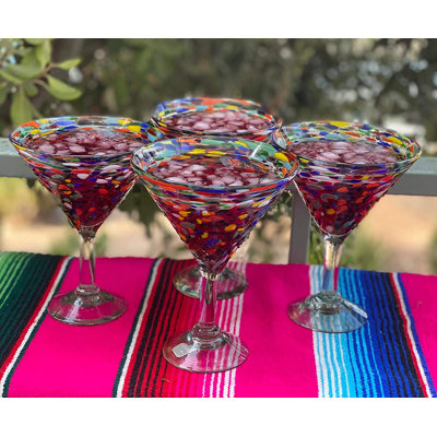 Mexican Hand Blown Margarita Glasses - 12 Oz. Martini Style - Confetti Rock