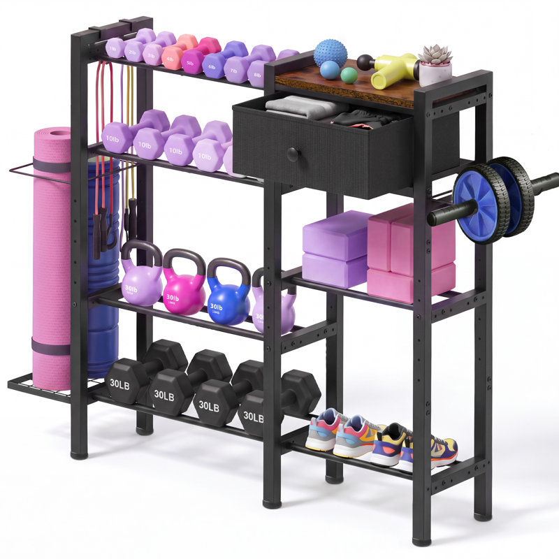 Support réglable pour haltères et organisateur de rangement pour salle de sport à domicile avec tiroir en tissu et porte-tapis de yoga