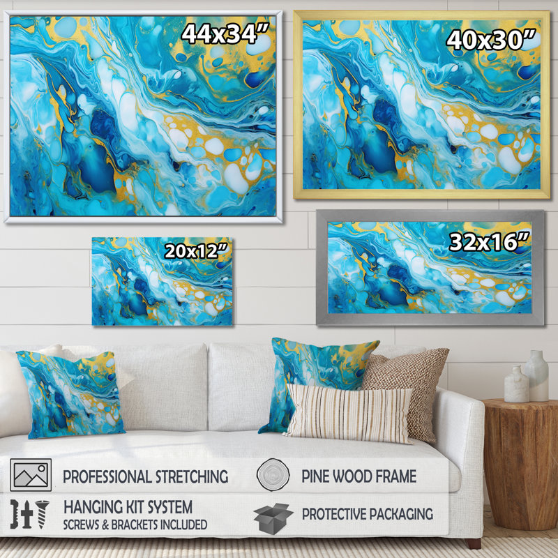 «Turquoise Luxury Abstract Fluid Art X», reproduction d'art sur toile, H 12 po x l 20 po x P 1 po, Cadre flottant noir