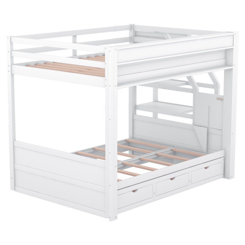 Lit superposé double en bois avec escalier de rangement, table de chevet et 3 tiroirs - Économie d'espace, Blanc