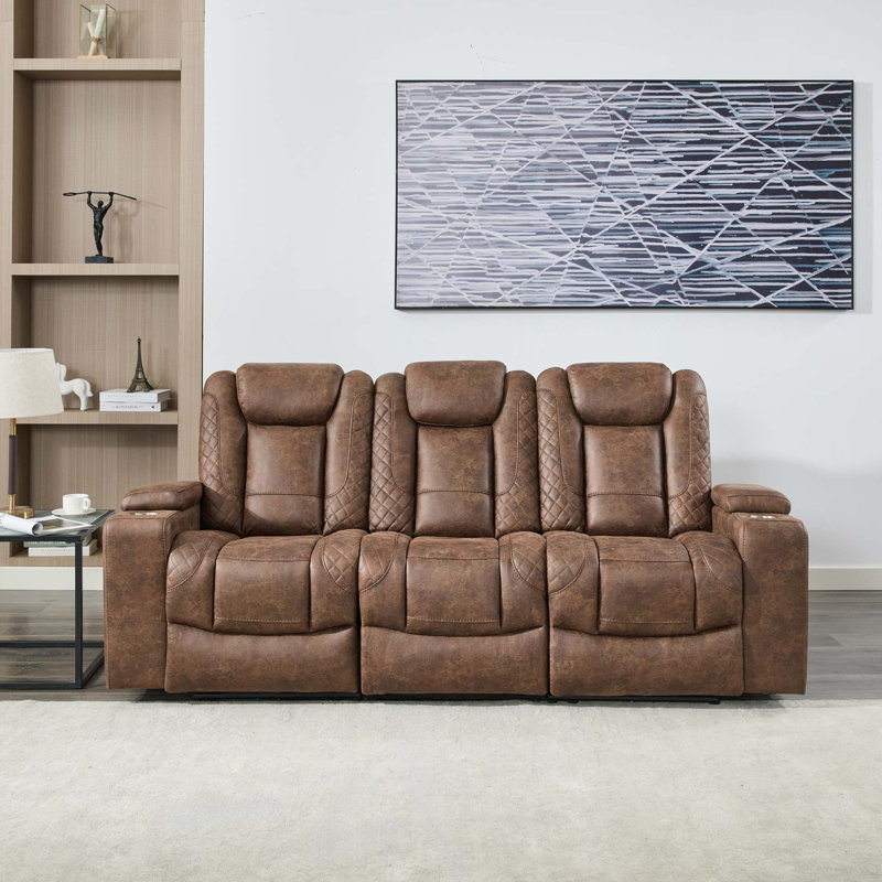 Bhopinder 3 Seater Linen Electric Reclining Sofa, Brown Fabric