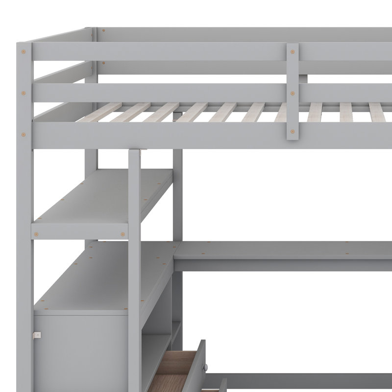 Lit mezzanine avec bureau et tablettes, deux tiroirs intégrés, escalier de rangement, Gris