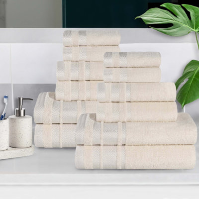 Ensemble de 12 serviettes de bain en coton dobby à bordure en peluche douce et absorbante, poids moyen