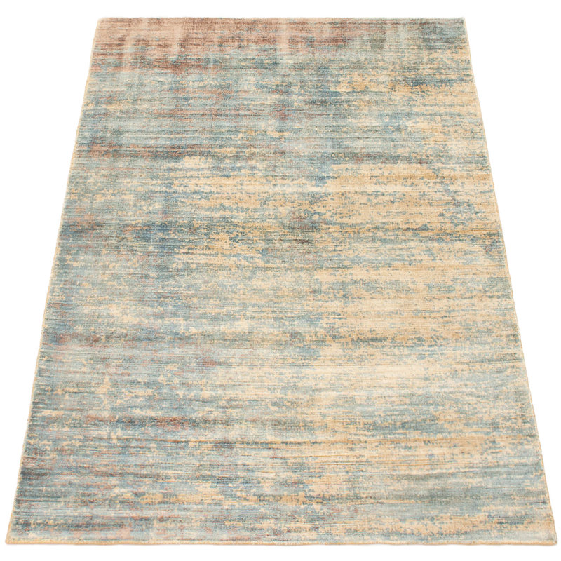 Tapis unique en viscose noué à la main bleu clair des années 2010 de 4 pi 11 po x 7 pi 1 po Momsen
