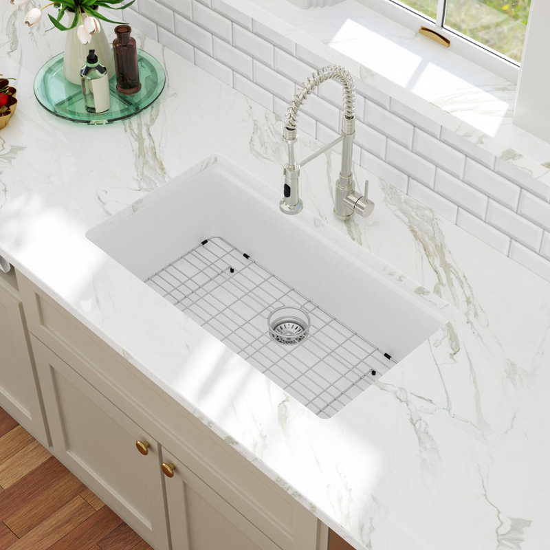33''L x 19''W Quartz Undermount Workstation Kitchen Sink, White Granite Composite Single Bowl Kitchen Sink with Accessories