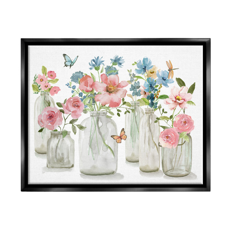Fleurs roses et bleues, H 17 po x l 21 po x P 1,7 po, Cadre flottant noir de jais