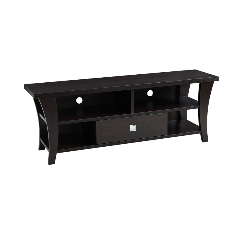 Tv Stand With Curved Leg Design, Metal Square Handle, Divided Shelf, 60 - 69 Inch Compatible Stand, One Drawer,