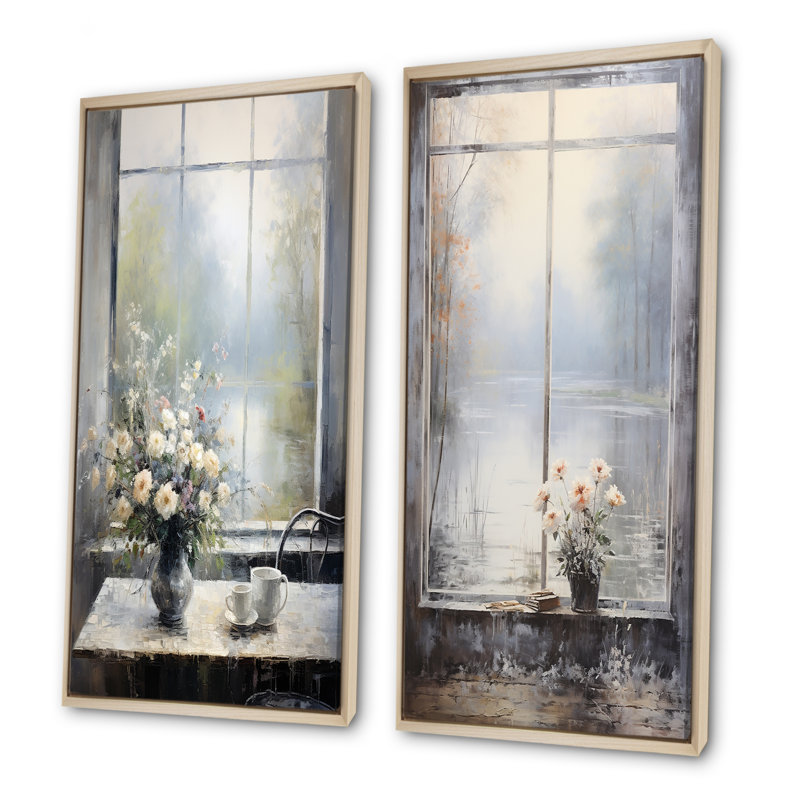 «Gray Misty River Window View I», ensemble de 2 impressions sur toile, H 40 po x l 41 po, Encadrement brun