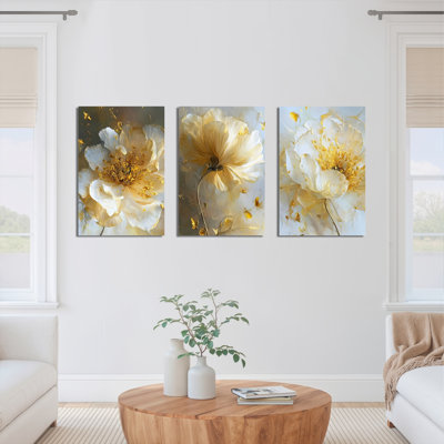 Art floral doré doré sur toile tendue, reproduction de peinture à l'huile abstraite (ensemble de 3)