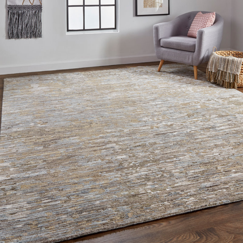 Tapis brun / gris en laine noué à la main, Rectangle 7 pi 9 po x 9 pi 9 po