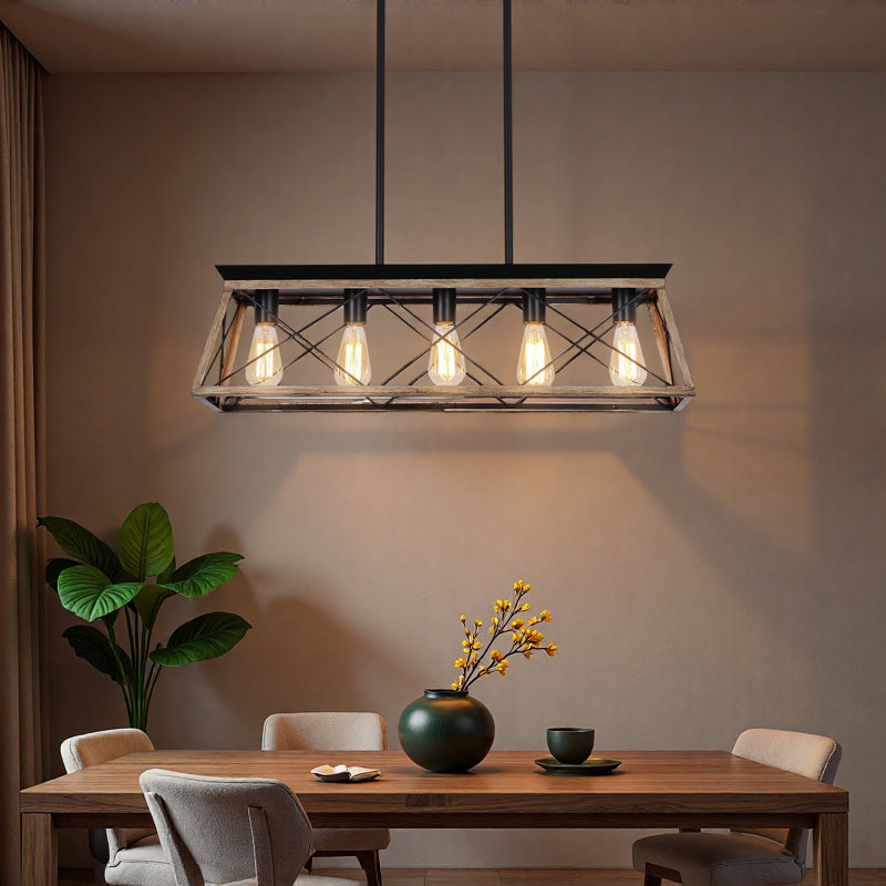 Lustre 5 lumières pour îlot de cuisine en métal naturel avec structure en cage ouverte, ampoules non incluses, Brun, Naturel
