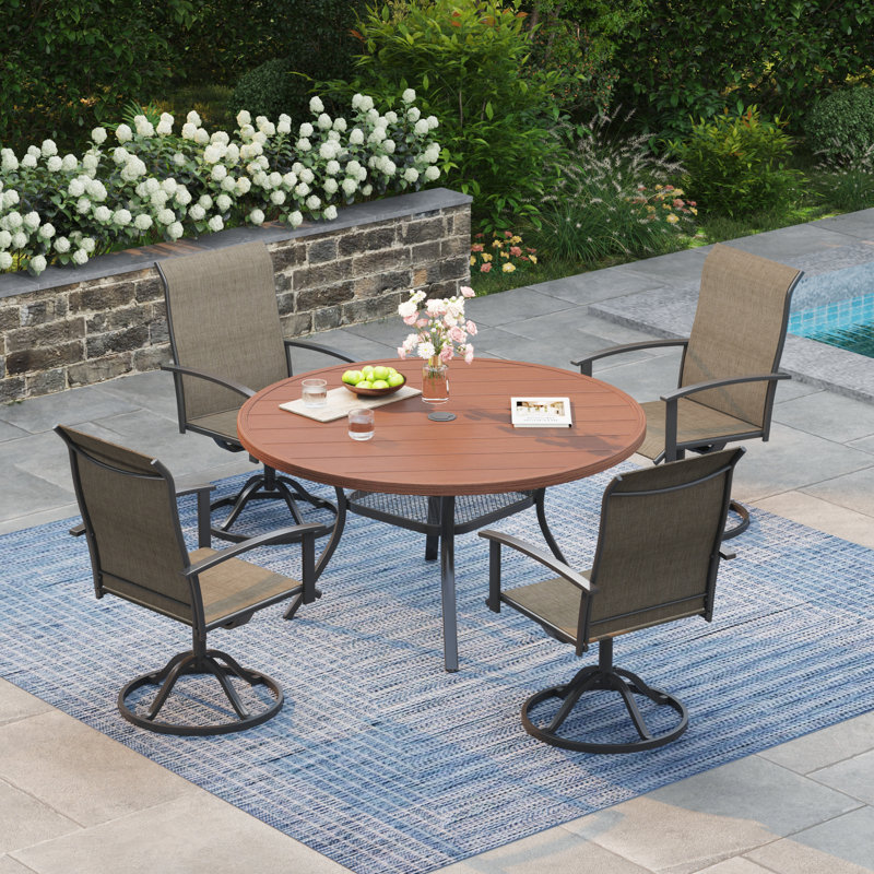4-Person Square Patio Dining Set With 360°Swivel PVC-coated polyester Chairs, Brush Wood Brown/Brown