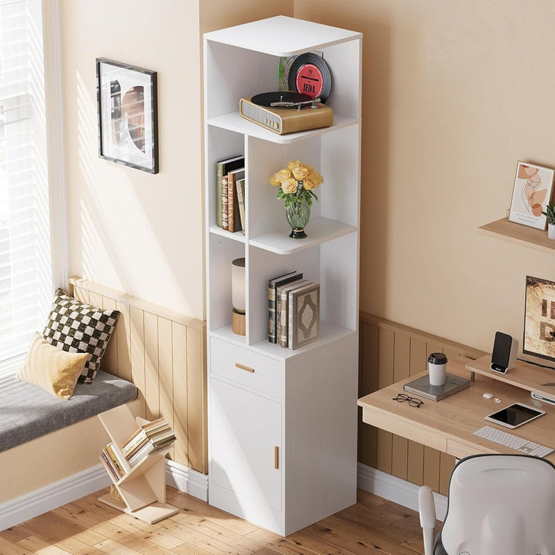 Bibliothèque d'angle - Blanc - Tablette d'angle étroite de 72,8 pouces de hauteur avec tablettes réglables, tiroir et porte d'armoire