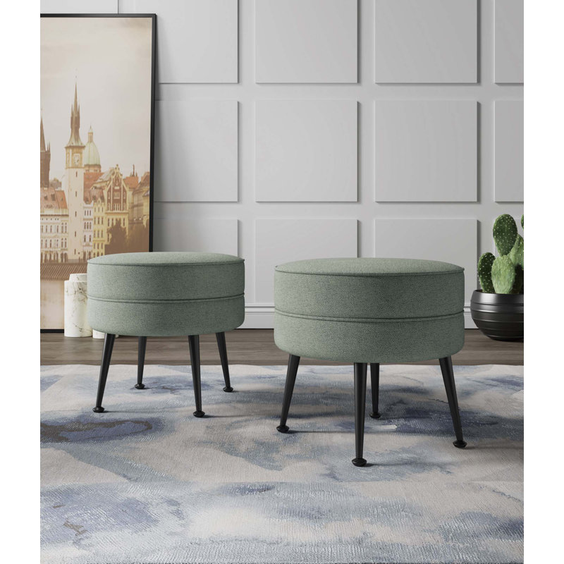 Bailey Mid-Century Modern Woven Polyester Blend Upholstered Wood Ottoman in Sage Green with Black Legs, Black, Green