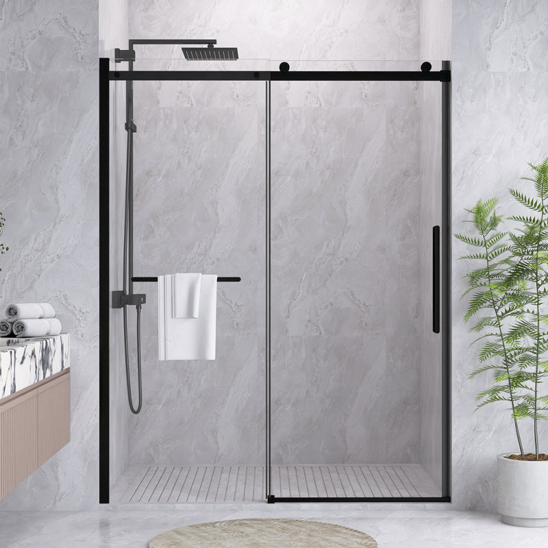 60" - 56" W X 76" H Frameless Single Sliding Shower Door With 5/16" (8Mm) Thick Tempered Clear Glass, With Buffer