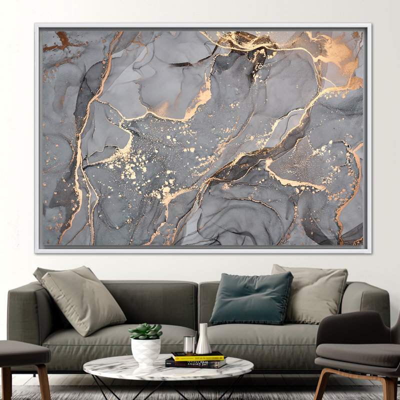 Art moderne abstrait sur toile - Affiche de luxe à l'encre et à l'encre or et gris, H 37 po x l 61 po, Cadre flottant blanc
