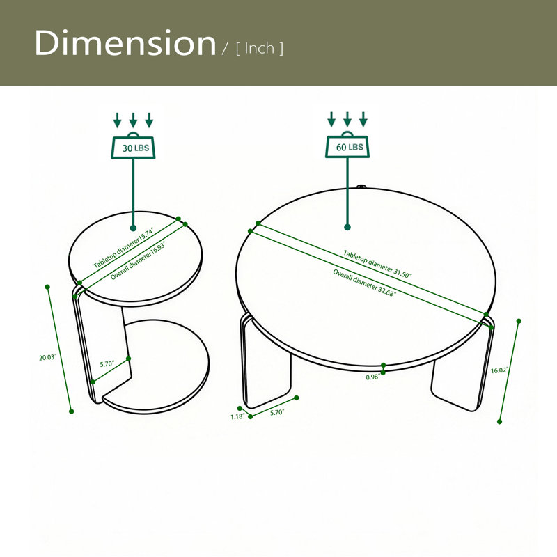 Round Coffee Table End Table Sofa Table Side Table Set With OAK Veneer Surface 25Mm MDF For Living Room Dinning Room Bedroom, Sintered Stone Legs, 83 + 43Cm Diameter