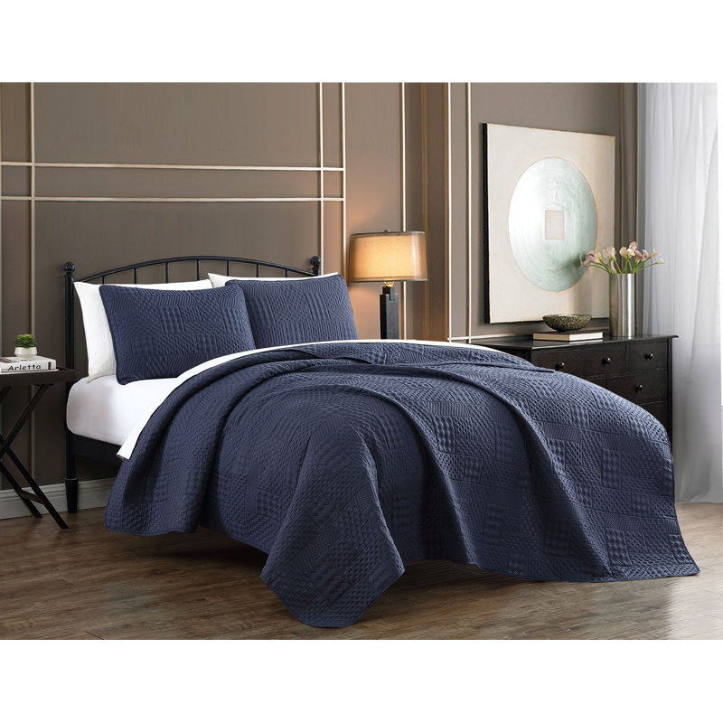 Ensemble de courtepointe réversible en microfibre Yardley, Bleu marine, Courtepointe très grand et 2 très grandes taies