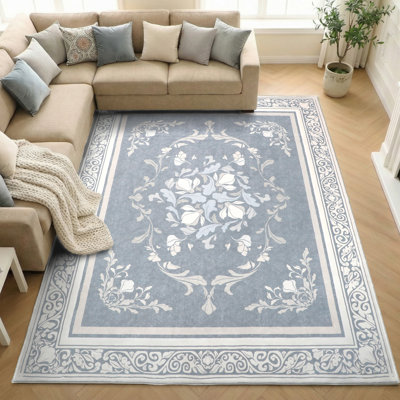 Tapis antidérapant 8 pi x 10 pi TPE, motif floral cachemire, gris