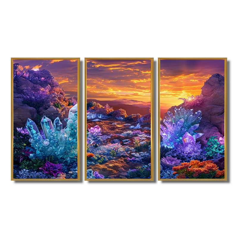 Emerie - Ensemble d'art mural paysage abstrait, Cadre flottant doré, H 40 po x l 60 po x P 1 po