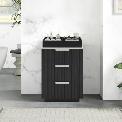 Santarem 24in. Oak Weathered Black Solid Wood Partitioned Storage Cabinet for Bathroom and Living Room