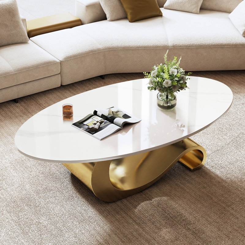 Table basse ovale imitation marbre, piètement contemporain en acier inoxydable doré, White / Gold