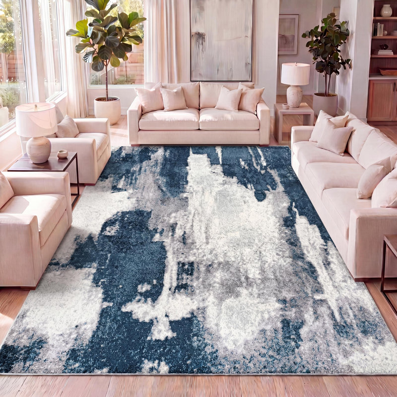 Tapis bleu marine / blanc Marusya, Rectangle 7 pi 9 po x 10 pi