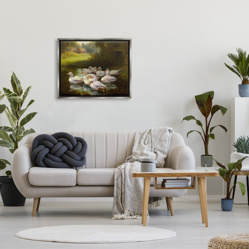 " Country Ducks In Pond " by Ziwei Li, Gray Framed, 24" H x 30" W x 1.7" D