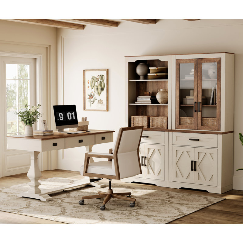 Laziza Modern Farmhouse Office Set, Vintage Desk & 73.3" Glass Door Bookcase Premium Home Office Shelving Units With Power Hub, White&Oak