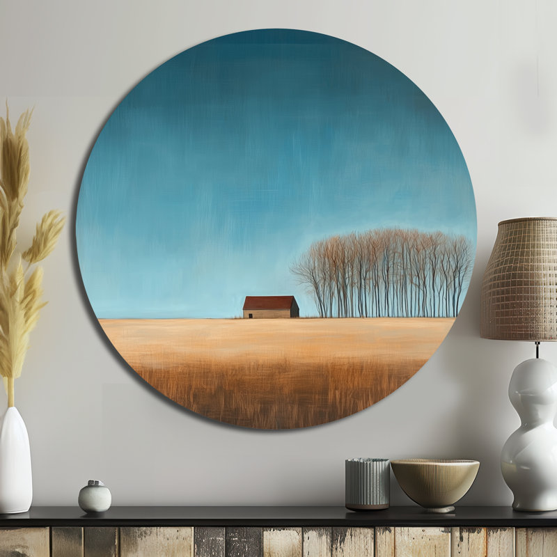 Horizon paisible de ferme - Impression ronde en métal bleu rustique, H 16 po x l 16 po