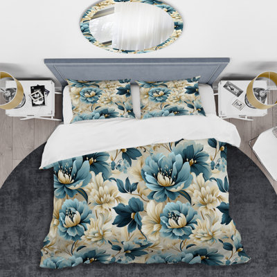Ensemble de housse de couette à motif floral pivoines bleues et blanches