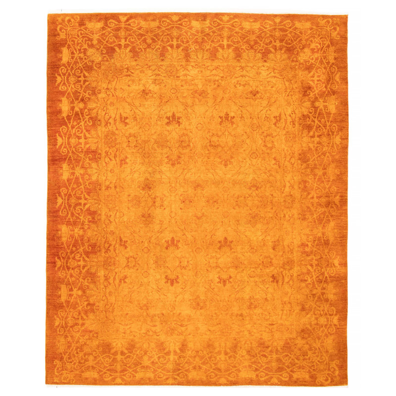 Tapis orange en laine noué à la main de conception unique 7 pi 10 po x 9 pi 7 po