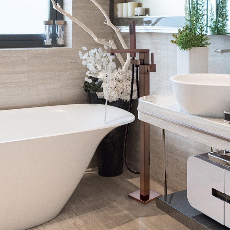 Single Handle Floor Mounted Tub Filler Trim with Handshower, Oil-Rubbed Bronze