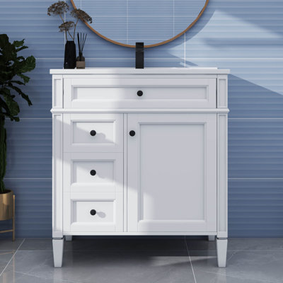 Meuble-lavabo de 30 po avec lavabo sur comptoir, armoire de rangement moderne avec 2 tiroirs et compartiment escamotable