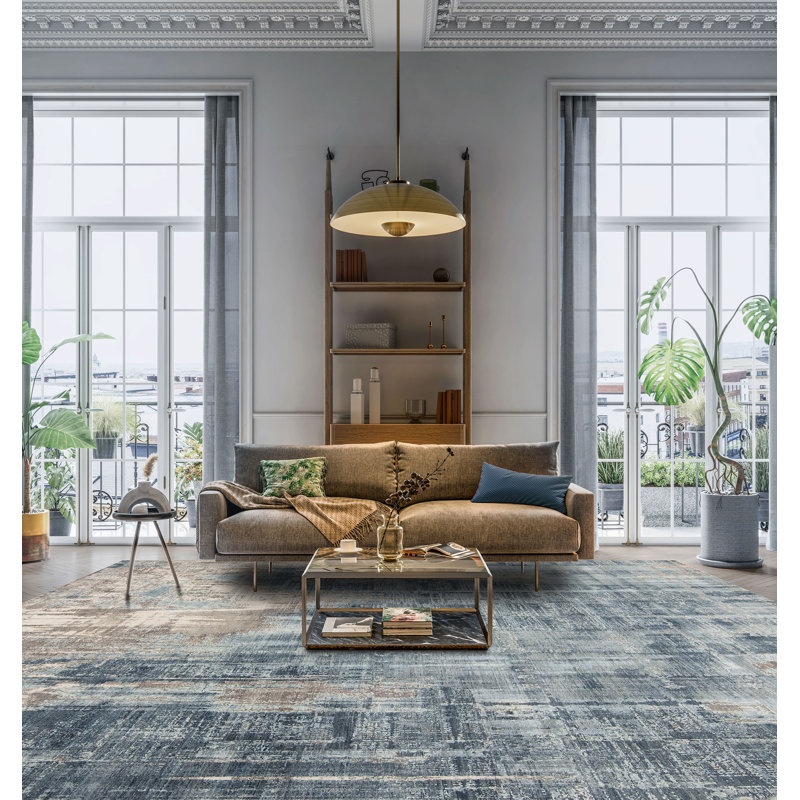 Leonardo Hand Knotted Abstract Area Rug in Blue/Brown, Rectangle 9' x 13'