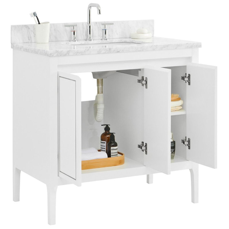 Meuble-lavabo simple 36 po avec comptoir en marbre de Carrare, Blanc