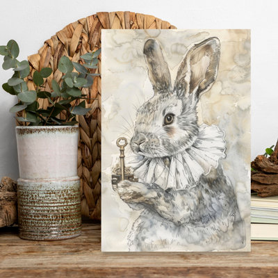 Curieux lapin tenant une clé élégante impression vintage fantaisiste de forêt de lapin