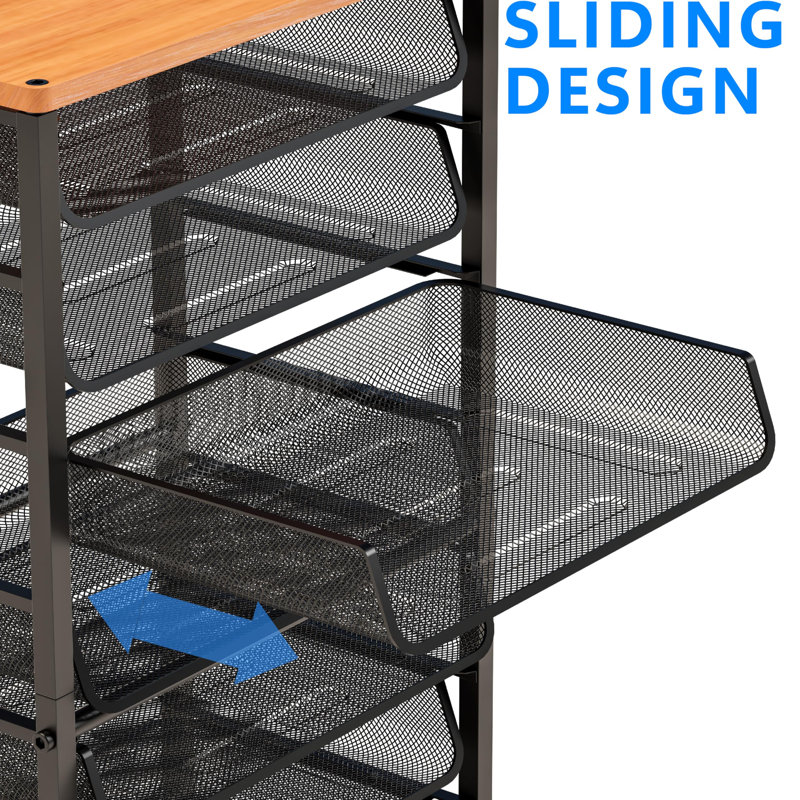 12-Tier Rolling File Cart With Sliding Trays - Wooden Top, Metal Mesh Storage For Office/Home