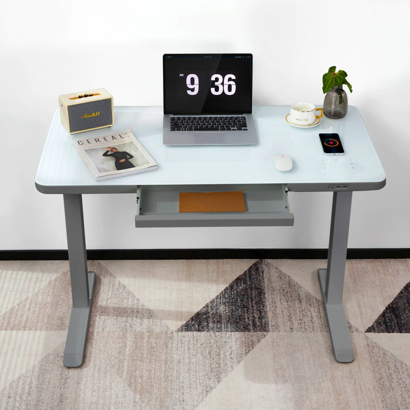 Gray Adjustable Height Standing Desk with Glass Top and Drawer