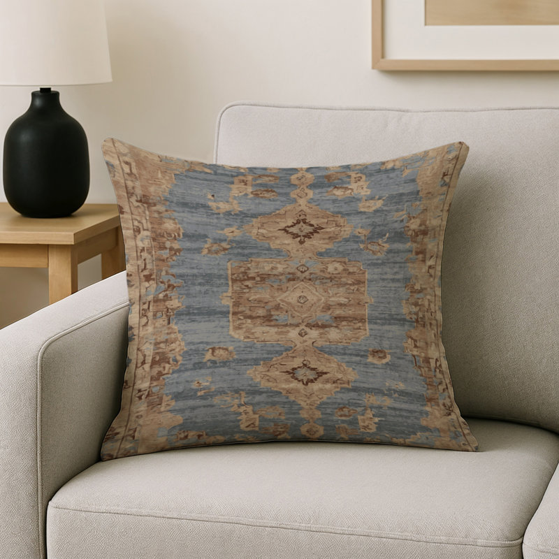 Coussin décoratif intérieur et extérieur Modern, Carré 16 po, Bleu / beige / rouille damassé