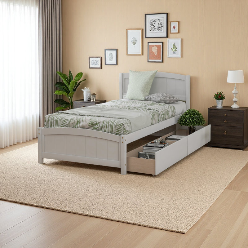 Lit plateforme simple avec deux tiroirs, Blanc