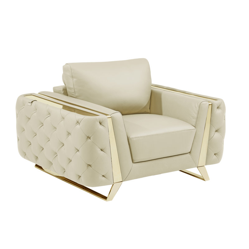 Fauteuil en cuir italien Anissa, Cuir véritable beige, Or