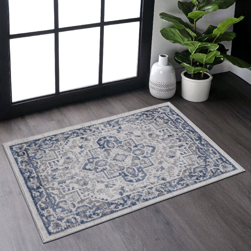 2X3 Blue Grey Oriental Doormat Rug, Rectangle 2' x 3'